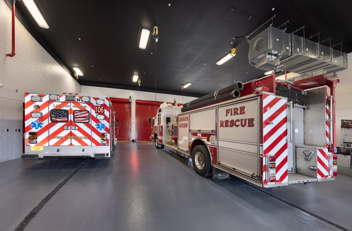 Interior design view of the bay area of Fire and Rescue Station 106 Lehigh Acres, FL.